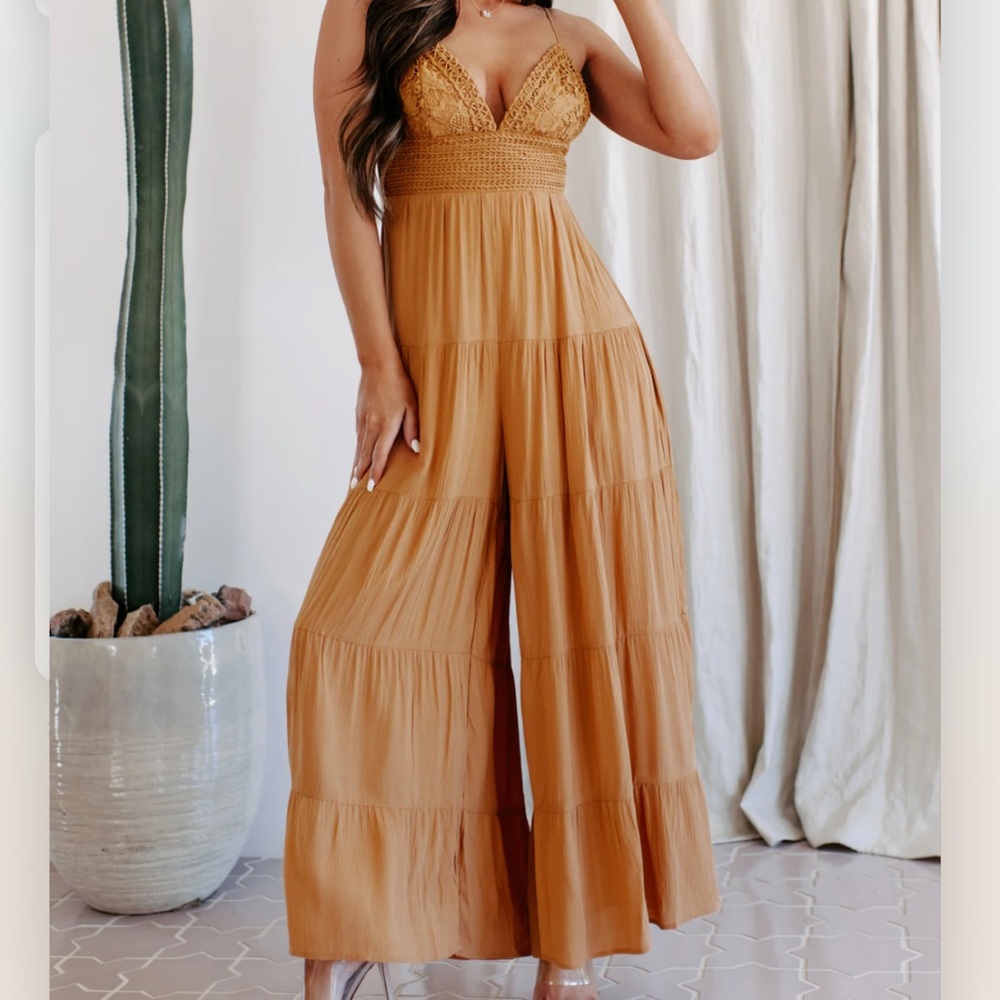 NanaMacs Boho Crochet Wide Leg Jumpsuit S - Ginger